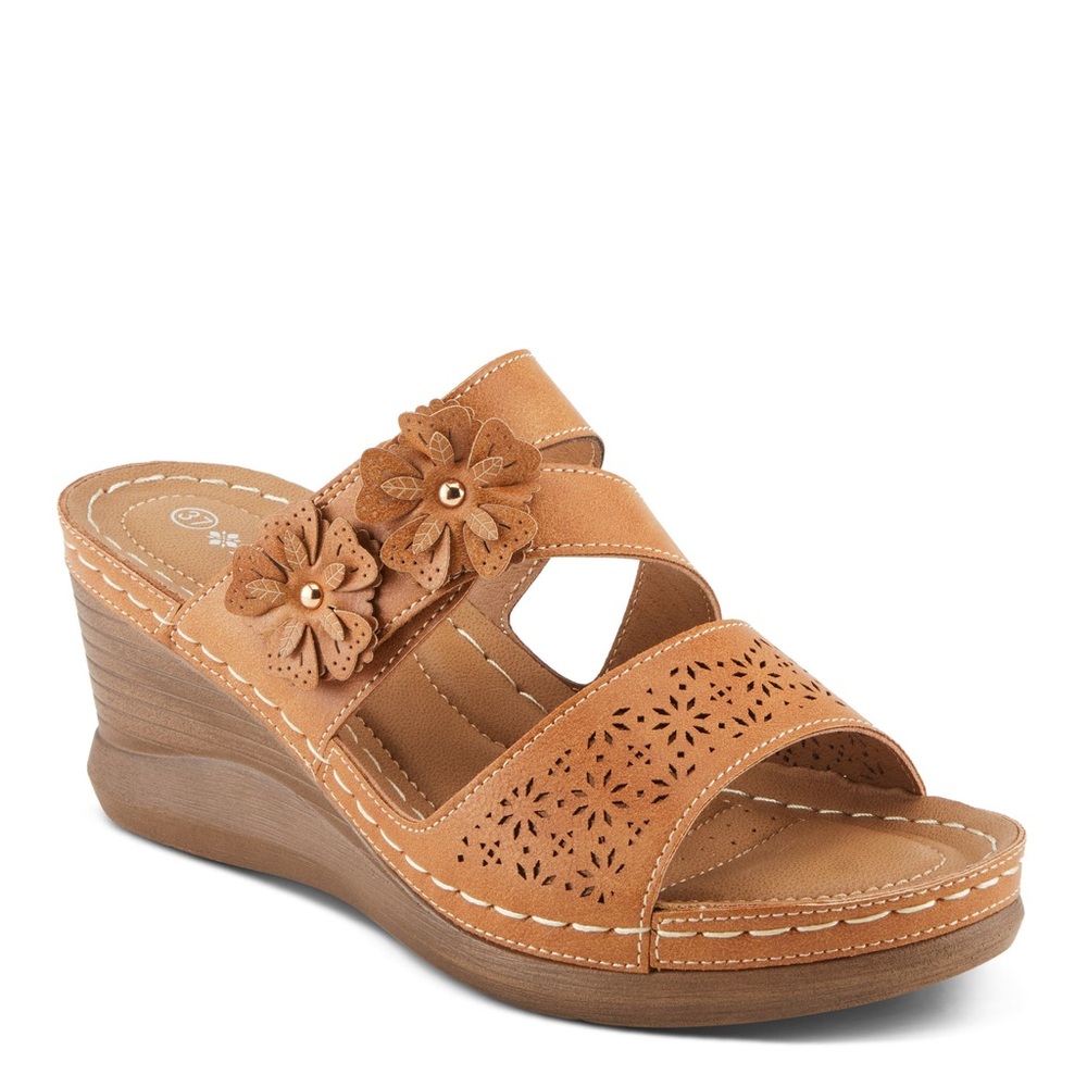 Elegant Floral Tan Wedge Sandals